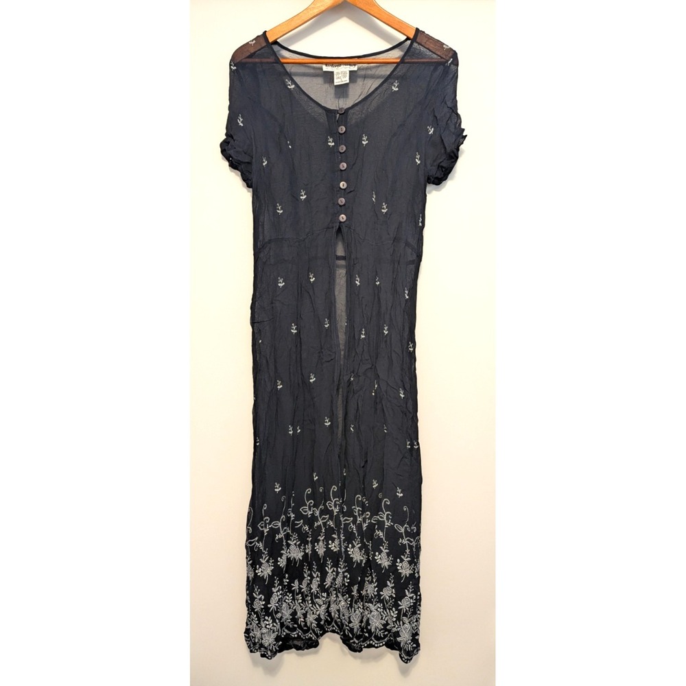 Victoria Holloway Black Rayon Embroidered Midi Dress Duster Boho Festival Size L